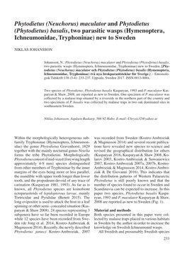 (Phytodietus) Basalis, Two Parasitic Wasps (Hymenoptera, Ichneumonidae, Tryphoninae) New to Sweden