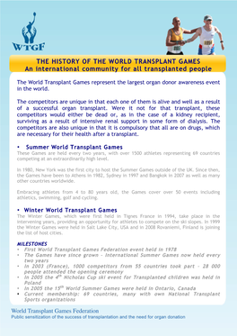 THE HISTORY of the WORLD TRANSPLANT GAMES an International Community for All Transplanted People