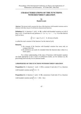 Characterizations of the Functions with Bounded Variation