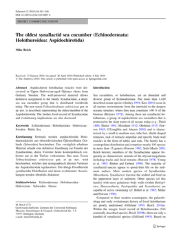 The Oldest Synallactid Sea Cucumber (Echinodermata: Holothuroidea: Aspidochirotida)