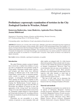 Original Papers Preliminary Coproscopic Examination of Tortoises in the City Zoological Garden in Wroclaw, Poland