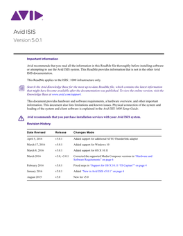 Avid ISIS 1000 Readme V5.0.1