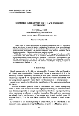 Simple Supergravity in D = 11 Was Introduced by Cremmer/Julia and Scherk in Ref