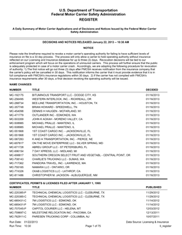 U.S. Department of Transportation Federal Motor Carrier Safety Administration REGISTER