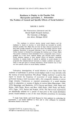 Macropodus Opercularis, L., Belontiidae: the Problem of General and Specific Effects of Social Isolation 1