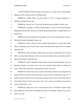 A JOINT RESOLUTION Directing the Placement of a Sign on the Country Music 2 Highway in Pike County in Honor of Charlie Justice