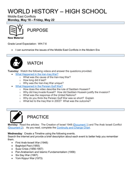 WORLD HISTORY – HIGH SCHOOL Middle East Conflicts Monday, May 18 – Friday, May 22