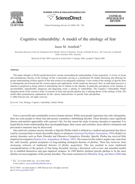 Cognitive Vulnerability: a Model of the Etiology of Fear ⁎ Jason M