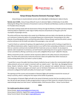 PRESS RELEASE: Kenya Airways Resumes Domestic Passenger Flights