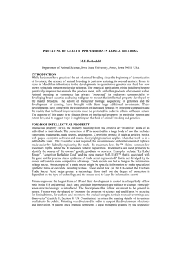 Patenting of Genetic Innovations in Animal Breeding