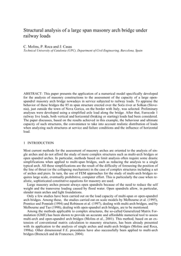 Structural Analysis of a Large Span Masonry Arch Bridge Under Railway Loads