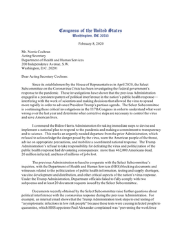 February 8, 2020 Mr. Norris Cochran Acting Secretary Department of Health and Human Services 200 Independence Avenue, S.W. W