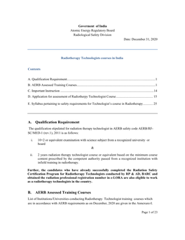 A. Qualification Requirement B. AERB Assessed Training Courses