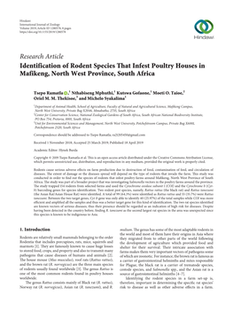 Identification of Rodent Species That Infest Poultry Houses in Mafikeng, North West Province, South Africa