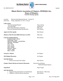 Illinois District Association of Chapters, SPEBSQSA Inc. House of Delegates Fall 2015 Meeting Agenda