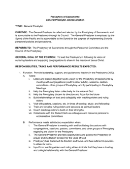 Presbytery of Sacramento General Presbyter Job Description TITLE