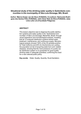 Situational Study of the Drinking Water Quality in Quilombola Com- Munities in the Municipality of São-Luís-Gonzaga, MA, Brazil