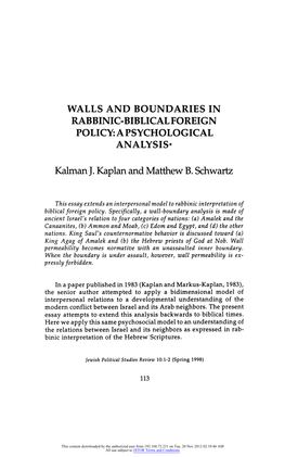 Walls and Boundaries in Rabbinic-Biblical Foreign Policy: a Psychological Analysis*