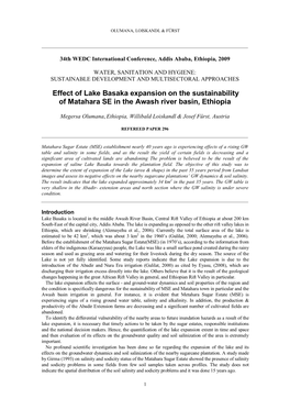 Effect of Lake Basaka Expansion on the Sustainability of Matahara SE in the Awash River Basin, Ethiopia