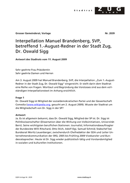 August-Redner in Der Stadt Zug, Dr. Oswald Sigg