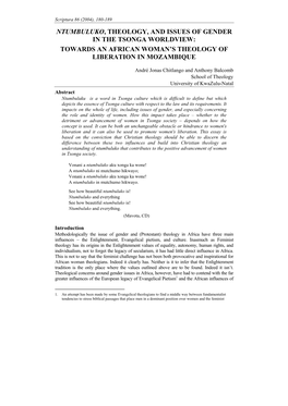 Ntumbuluko, Theology, and Issues of Gender in the Tsonga Worldview: Towards an African Woman’S Theology of Liberation in Mozambique