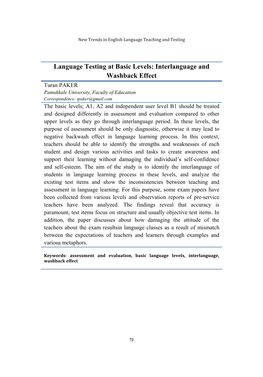 Language Testing at Basic Levels: Interlanguage and Washback Effect