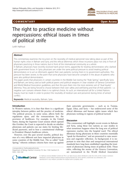 The Right to Practice Medicine Without Repercussions: Ethical Issues in Times of Political Strife Leith Hathout