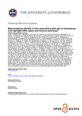 Meta-Analyses Identify 13 Loci Associated with Age at Menopause