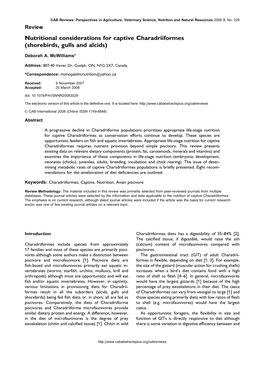 Nutritional Considerations for Captive Charadriiformes (Shorebirds, Gulls and Alcids)