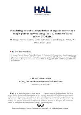 Simulating Microbial Degradation of Organic Matter in a Simple Porous System Using the 3-D Diffusion-Based Model MOSAIC O