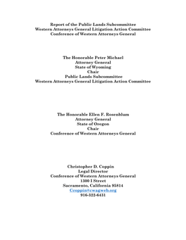 Report of the Public Lands Subcommittee Western Attorneys General Litigation Action Committee Conference of Western Attorneys General