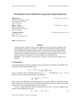 Trust Region Newton Method for Large-Scale Logistic Regression