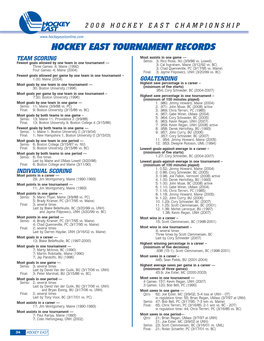 HOCKEY EAST TOURNAMENT RECORDS TEAM SCORING Most Assists in One Game — Fewest Goals Allowed by One Team in One Tournament — Semis: 3; Rico Rossi, NU (3/9/88 Vs