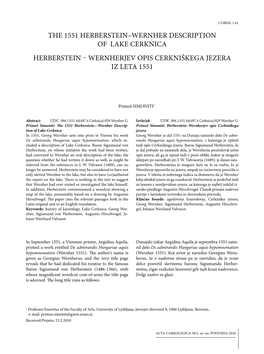 The 1551 Herberstein–Wernher Description of Lake Cerknica Herberstein – Wernherjev Opis Cerkniškega Jezera Iz Leta 1551