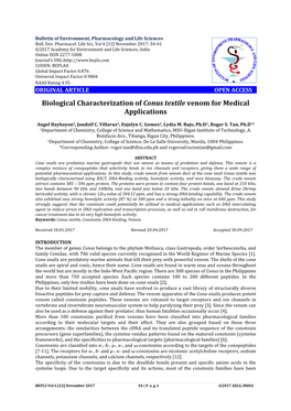 Biological Characterization of Conus Textile Venom for Medical Applications