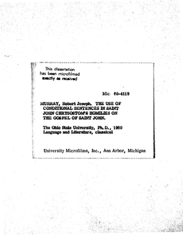 MURRAY, Robert Joseph. the USE of CONDITIONAL SENTENCES in SAINT JOHN CHRYSOSTOM's HOMILIES on the GOSPEL of SAINT JOHN