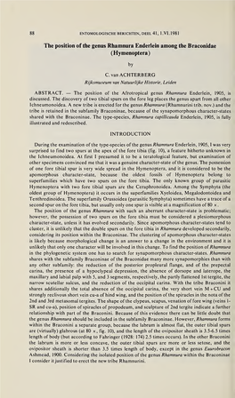 The Position of the Genus Rhamnura Enderlein Among the Braconidae (Hymenoptera)