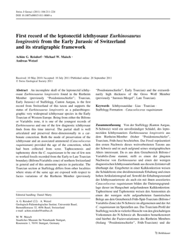 First Record of the Leptonectid Ichthyosaur Eurhinosaurus Longirostris from the Early Jurassic of Switzerland and Its Stratigraphic Framework