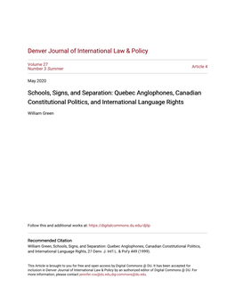 Schools, Signs, and Separation: Quebec Anglophones, Canadian Constitutional Politics, and International Language Rights