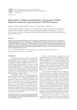 Differentiation of Melipona Quadrifasciata L. (Hymenoptera, Apidae, Meliponini) Subspecies Using Cytochrome B PCR-RFLP Patterns