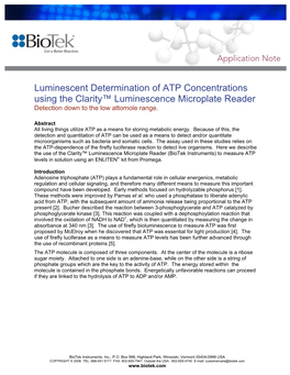 Luminescent Determination of ATP Concentrations Using the Clarity™ Luminescence Microplate Reader Detection Down to the Low Attomole Range