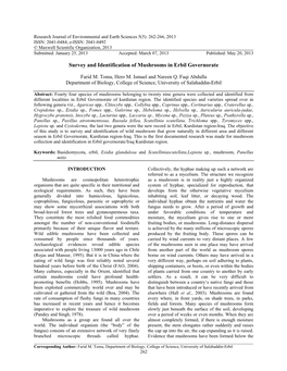 Survey and Identification of Mushrooms in Erbil Governorate