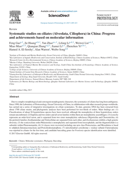 Systematic Studies on Ciliates (Alveolata, Ciliophora) in China: Progress