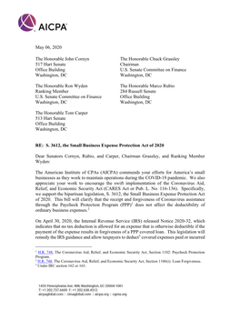 AICPA Letter of Support for S. 3612 Small Business Expense Protection