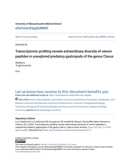 Transcriptomic Profiling Reveals Extraordinary Diversity of Venom Peptides in Unexplored Predatory Gastropods of the Genus Clavus