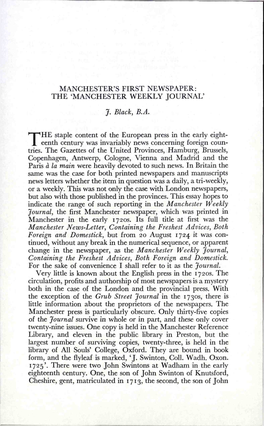 Manchester's First Newspaper: the 'Manchester Weekly Journal'