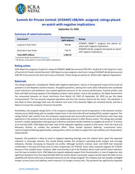 Summit Air Private Limited: [ICRANP] LBB/A4+ Assigned; Ratings Placed on Watch with Negative Implications September 15, 2020