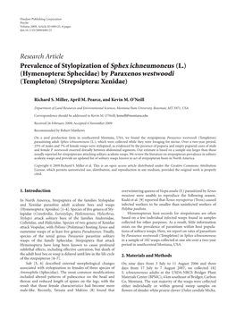 Research Article Prevalence of Stylopization of Sphex Ichneumoneus (L.) (Hymenoptera: Sphecidae) by Paraxenos Westwoodi (Templeton) (Strepsiptera: Xenidae)