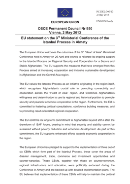 OSCE Permanent Council Nr 950 Vienna, 2 May 2013 EU Statement on the 3Rd Ministerial Conference of the Istanbul Process in Almaty