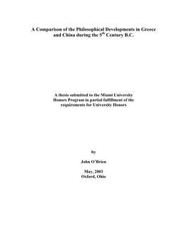 A Comparison of the Philosophical Developments in Greece and China During the 5Th Century B.C